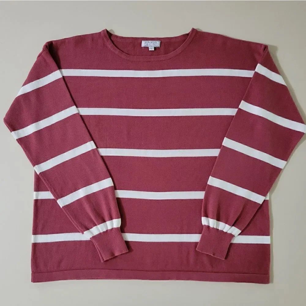 A Dip of Darling Women's Red Rust Stripe Crewneck Long Sleeve Pullover Sweater